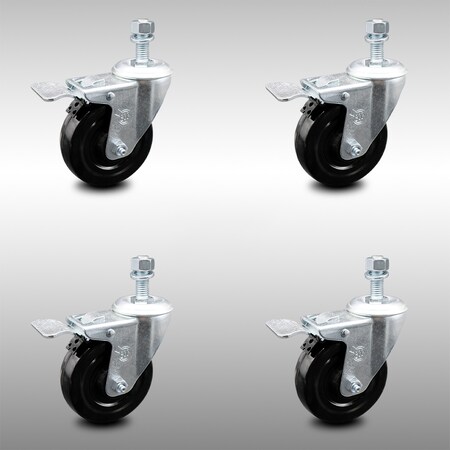 Service Caster 4 Inch SS Hard Rubber Swivel 10mm Threaded Stem Caster Set Total Lock Brake SCC-SSTSTTL20S414-HRS-M1015-4